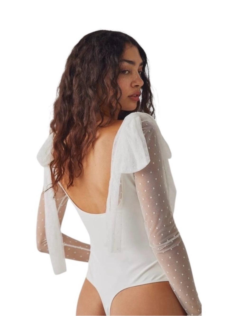 Free People White Sheer Polka-Dot Backless Bodysuit Dress
